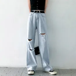 Kvinnors jeans rivna 2023 våren koreansk version Löst mode draperi raka byxor y2k hög midja casual gata bred ben
