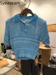 Женские свитера Syeazeam, универсальный трикотаж, лето 2023, воротник на пуговицах, подплечник, пуловер с короткими рукавами, модный топ