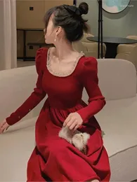 Casual Dresses 2023 Autumn Winter Knitted Puff Sleeve Elegant Dress Female Lace Slim A-line Christmas Party Long Solid