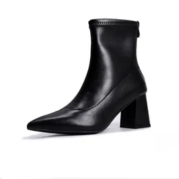 Botas elegantes apontadas sexy tubo médio salto grosso zíper ankel botas para mulheres 230901