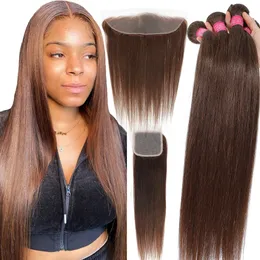 Synthetic Wigs 12A 10"-32" #4 Chocolate Brown Straight Human Hair Bundles with Closure Frontal Raw Brazilian Hair Weave Bundles with Closure 230901