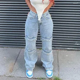 Jeans pour femmes Street Y2K vieux délavé multi-poches droite femme américaine haute décontractée Ins pantalon ample à jambes larges