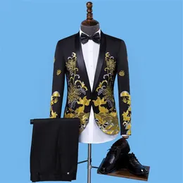 Erkekler Suits Blazers 2021 Bahar ve Sonbahar Lüks Altın Nakış Siyah Takım Erkekler Parti Düğün Şal Yakası Tuxedo Blazer 2272