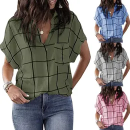 Kvinnors tröjor 2023 Amazon Wish Spring/Summer Wear European och American Plaid Print Pocket V-Neck Kort ärmskjorta