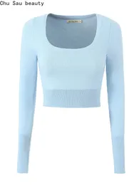 Women Sweters Chu sau urody kobiety wczesna jesień moda słodka kwadratowa kołnierz dzianina Krótki pullover seksowny szczupły elegancki sweter słodcy skoczki 230904