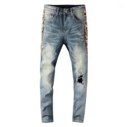 Herren Jeans Herren Streetwear Skinny Herren Side Leopard Print Patchwork Löcher Ripped Slim Stretch Denim Pants1282K