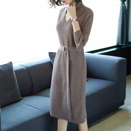 Casual Dresses Long Sweater Dress Hollow Out Women Autumn Winter Mock-neck Sleeve Knitted Belt Fashhion Thick Shirt Femme V28