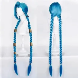 Cosplay perukları lol jinx cosplay peruk uzun örgülü mavi, mavi örgüyle ısıya dayanıklı sentetik saç peruk kapağı 230904 ile gevşek top peruk