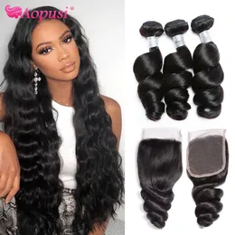 Synthetic Wigs Aopusi Bundel Gelombang Longgar dengan Penutup Rambut Manusia Brasil 3 4 Jalinan 4X4 Penutupan Renda Remy Ekstensi 230905