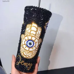 Tumblers Bling Evil Eye Tumbler Customize Name Rhinestone Stainless Steel Straw Water Bottle 700ml Turkish Eye Thermos Bottles Coffee Mug T230905