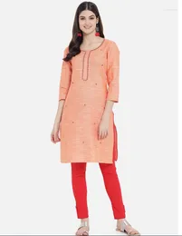 Ethnische Kleidung Indien Pakistan Damen-Oberteil aus Baumwolle und Leinen, bestickt, Rundhalsausschnitt, mittellang