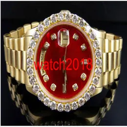 Relógio de luxo de alta qualidade 18K Mens ouro amarelo DayDate 36MM mostrador vermelho relógio de diamante maior 5 5CT relógios mecânicos automáticos masculinos N235W