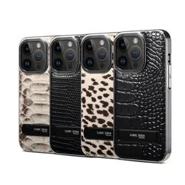 Lyxig äkta läderkrokodilkorn Vogue telefonfodral för iPhone 15 14 13 Pro Max Invisible Bracket Plating Python Mönster Kickstand Protective Shell Suffproof
