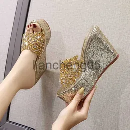 Zapatillas Rhinestone Gold Silver Lentejuelas Plataforma Zapatillas Mujeres Cuña Diapositivas Zapatillas Verano Beac Casual Mules Tacones Sandalias X0905