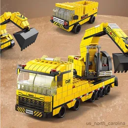 Blocks 6in1 Ny utgrävningsmaskiner Engineering Fordon Crane Car Truck Material Byggnadsblock Set Toy City R230905