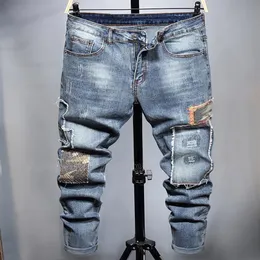 Stitching Stretch Men's Jeans Ripped Destroyed Slim Fit Pants Fashion Casual Contrast Color Patchwork Streetwear Pantalones P225t
