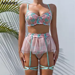 Conjuntos de sutiãs Aduloty Lingerie Erótica Conjunto Requintado Bordado Grande Flor Perspectiva Tentação Pequena Saia Sexy Mulheres Under295K