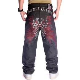 Men's Jeans Plus Size 30-46 Inch Skateboard Mens Baggy Jeans Wide-Leg Loose Hip Hop Embroidered Flower Wings Male Denim Pants Trousers 230904