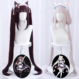 Cosplay perukları anime 100cm nekopara chocolat chocola uzun at kuyruğu kahverengi vanilya kawaii pembe ısıya dayanıklı saç cosplay wig 230904