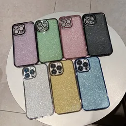 Capa de TPU macia com revestimento brilhante de luxo para iPhone 15 14 Pro MAX 13 12 11 XR XS 8 7 Plus Protetor de lente de câmera Buraco fino Bling Glitter Shinny metálico cromado tampa traseira do telefone