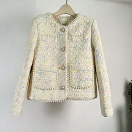 Wool Blends Wysokiej jakości Wysokiej jakości jesienne Pearl Woolen Tweed Jacket Women Oneck Długie rękawie koraliki Casual Girl Coats Kobieta Casacos 230905