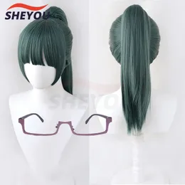 cosplay wigs anime jujutsu kaisen cosplay maki zenin wigs dark green ponytail pontain