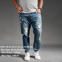 سراويل جينز للرجال ممزق للرجال الأزرق الأسود الدنيم الرجل جان هوم حريم هوب بالإضافة إلى سراويل الحجم 44 46