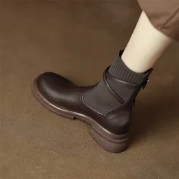 Bottes pour femmes Juxian Slim ~ chaussettes et bottes à tête ronde pour femmes, nouveau talon marron à semelle épaisse, court 230830