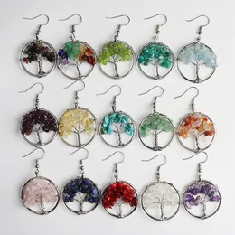 30 mm Chip Stone Tree of Life Charms örhängen Fluorit Lapis Amethyst Rose Quartz Natural Stone Pendant Crystal Earrings SMycken