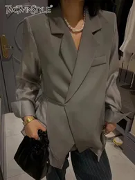 Kvinnors kostymer blazers twotwinstyle vår mode fasta blazer för kvinnor hackad krage långärmad snörning spets upp lös kvinnlig klädstil 230904