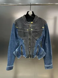 Mulheres misturas de lã HIGH STREET est moda designer jaqueta emendada contrastante zíper design denim 230905