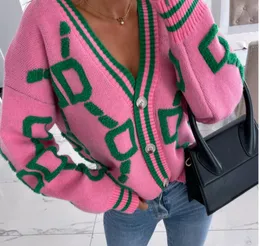 Vintage Sweaters Women Long Sleeve Pink Knitted women sweaters Long Sleeve Cardigan V Neck Casual Sweater Fashion Sweater Coat