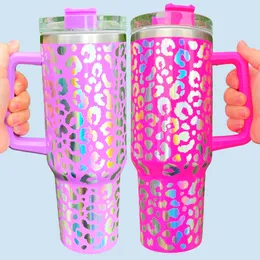 USA warehouse already design 40oz Laser engraving holographic leopard print tumber double wall Stainless Steel Double Insulated Cup with Handle and Straw