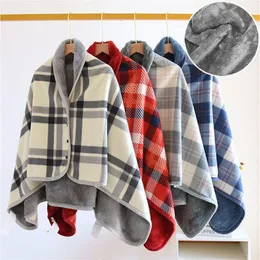 Blankets SEIKANO Thick Plaid Blanket Warm Winter Wearable Blanket Adults Office Travel Soft Fleece Throw Blankets With Button Home Shawl 230904