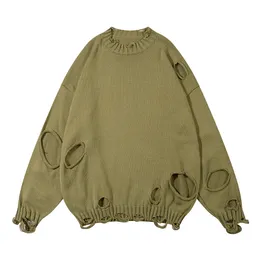 Herrtröjor Solid Color Ripped Hole Pullover Sweaters för män och kvinnor Y2K Crew Neck Ropa Hombre Baggy Woolen Clohtes Overdimensionerade Sueter 230904