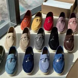 LORO PIANA Encantos de Verão embelezados Camurça Mocassins Sapatos Bege Couro Genuíno Casual Slip On Flats Mulheres Designers de Luxo Sapatos de Vestido Plano Calçados de Fábrica