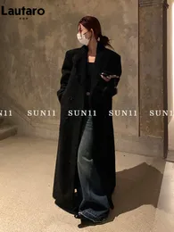 Женское полушерстяное пальто Lautaro, осенне-зимнее длинное черное утепленное пальто для женщин, двубортное модное верхнее пальто 230904