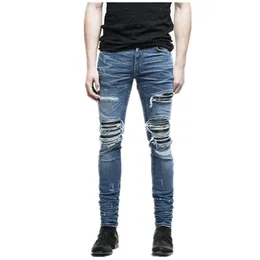 MEN MANDAY MANDAY DESIGNER Biker Biker Jeans Congened Moto Denim Defred Dutded Knee Black Leather Patch Jeans292e