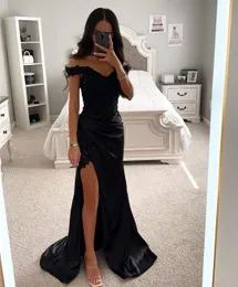 Robe de bal noire sexy grande taille longue pour femme en satin, épaules dénudées, drapée de perles, plis fendus sur le côté haut, vêtements de cérémonie, concours d'anniversaire, deuxième réception