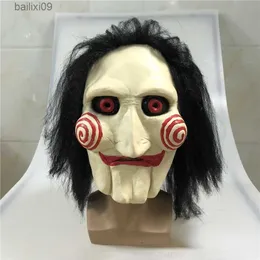 Partymasken Film Saw Chainsaw Massacre Jigsaw Puppet Masken mit Perücke Haar Latex Gruselige Halloween Horror Gruselige Maske Unisex Party Cosplay Prop T230905