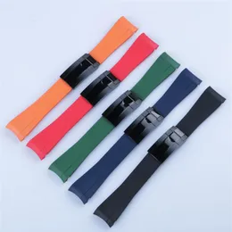 20mm Curved End Watch band and Black Polished Clasp Silicone Black Navy Green Orange Red Rubber Watchband For Rol strap SUB GMT Da283v