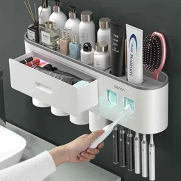 Portaspazzolino invertito ad adsorbimento magnetico Doppio distributore automatico di dentifricio Spremiagrumi Accessori per il bagno268c