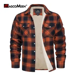 Men's Jackets MAGCOMSEN Men's Fleece Plaid Flannel Shirt Jacket Button Up Casual Cotton Jacket Thicken Warm Spring Work Coat Sherpa Outerwear 230904