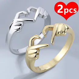 Anéis de casamento 2pcs coração romântico duplo gesto anéis amor coração esculpido casal anéis moda jóias atacado casal casamento anéis de aço 230904