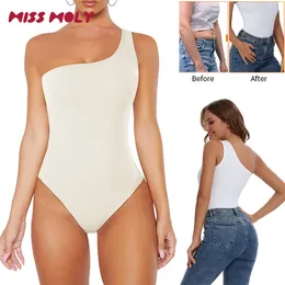 Women Shapers Bodysuit bez rękawów Kobiety seksowne jedno ramię krótkie kombinezon brzucha Kontrola shaperwearu Ubranie Femme Top Clubwear White 230905