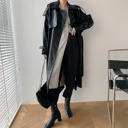 Women Trench Coats Korea Designer Runway Fall Autumn skórzana maxi długa płaszcz z paskiem Chicka żeńska wiatrówka klasyczna 230904