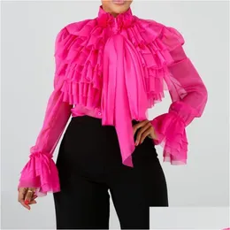 Women'S Blouses Shirts Plain Fal Long Sleeve Women Summer Pink Ruffles Tops Blouse Female Plus Size Office Ol Elegant Lady Mx20040 Dhtcg