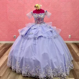 Лавандовое блестящее бальное платье Quinceanera Платье из бисера с цветочной кружевной аппликацией и цветочным тюлем Коктейльные платья Vestidos De Baile Бальное платье