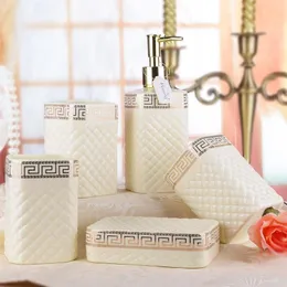 Fem-stycken keramikuppsättning vit elfenben porslin tvättstuga set badserie badrum tillbehör tvätt kit193v