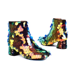 2023 new women sheepskin patent leather chunky heels boots SHOES Ankle Booties square toes Laser camouflage half catwalk Glitter big siz 34-43 part wedding